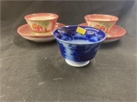 (2) Spatter Cups & Saucers & Flow Blue Cup