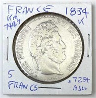 1834 France Silver 5 Francs