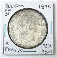 1872 Belgium Silver 5 Franc