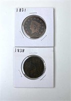1831, 1838 US Matron Head Large Cents