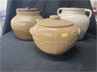 3 Covered Stoneware Crocks
