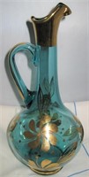 Vintage Teal Glass w/ Gold Salad Dressing Cruet