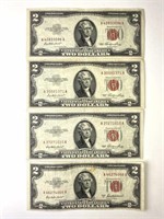 (4) Red Seal $2 U.S. Bills, Two Dollar Notes