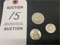 Three (3) Coins, Nickel, Quarter, Half Dollar