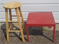 Wood Bar Stool & Smal Red Metal Table