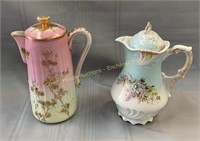(2) Hand painted and moriage porcelain pitchers