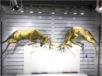 Pair of 3D Brass Fighting Bucks. Wall Sculpture.