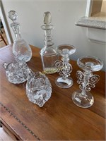 Pair of ornate candlesticks, 2  decanters,