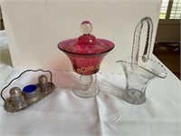 Bridal basket, cranberry etched footed compote,
