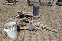 Skid of Farm Primitives and Pail of Insulators