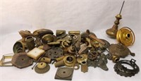 LARGE BIN LOT OF BRASS, IRON, MARBLE LAMP PARTS