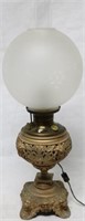 ELECTRIFIED PARLOR LAMP WITH LADY & LION HEADS,