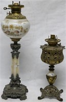 TWO ELECTRIFIED VICTORIAN BANQUET LAMPS, ONE WITH