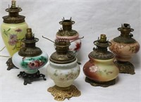 LOT OF 6 BANQUET LAMPS, FLORAL DECORATED, MILK