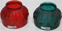 MATCHED PAIR RED & GREEN SATIN GLASS SHADES,