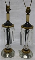 PAIR OF BRASS, METAL & GLASS TABLE LAMPS WITH CUT