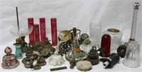 TABLE LOT TO INCLUDE LAMP PARTS, SMOKE, BELLS,
