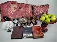 Decor items including decorative pillows, glass
