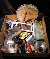 Large box of kitchen accessories and utensils,
