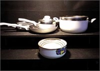 WearEver pots and pans and a set of four enameled