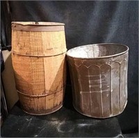 Vintage wooden nail keg and metal trash can