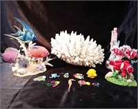 Large piece of coral, fish sculptures, model of