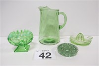 Green Glass Pitcher, Juicer, Dish & Flower Frog