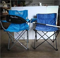 Two blue collapsible camping chairs, and Rogue