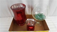 3 glass vases, red and clear.