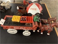 VINTAGE COCA COLA CAST IRON WAGON AND HORSES