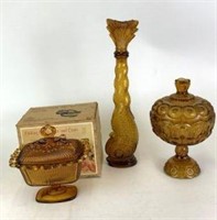 Amber Glass Compote, Fish Decanter & Candy Box