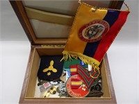 Military Medals, Pins, Patches in Wood Box