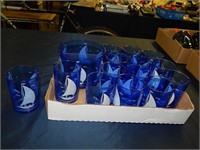 Hazel Atlas Blue Glasses & Ice Bucket w/ Saliboat