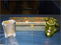 Wood Glove Box, Crystal vase & crackle glass vase