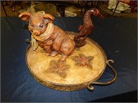 Painted Metal tray & Wood carved Pig & Seahorse