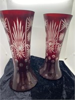 Pair Of Bohemian Ruby Red Cut To Clear Glass Vases