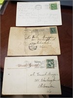 Vintage 3 post cards with a stamps of USA