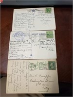 Vintage 3 post cards with a stamps of USA