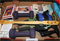FLAT BOX OF EXCERCISE ITEMS AND MORE