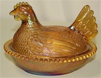 Orange Carnival Glass Hen on Nest