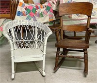 Pair of Wicker & Oak Child's Rocking Chairs