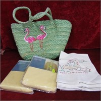 Flamingo Bag, Vintage linens/towels, table