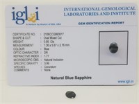 0.95 Cts Blue Sapphire. Oval shape. IGL&I certifie