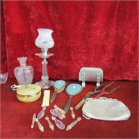Vintage glass lamp, vanity mirror combs,purse.