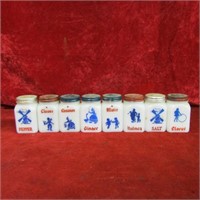 Milk glass spice shakers, containers.