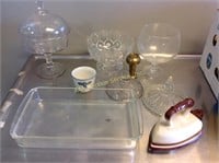 Iron butter dish, pedestal dishes, vase, brass
