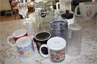 LARGE LOT OF COFFEE MUGS, SNAP LID JAR, ETC