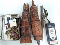 Wooden carved Indians, ammo, gun cleaning rods