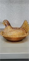Vintage amber glass hen on the nest glass dish