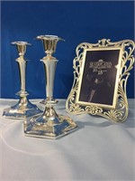 Silver Plate Frame & Candle Sticks